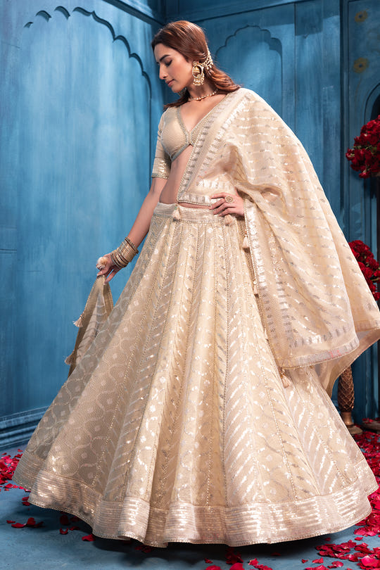 Cream Metallic Tissue Embroidered Lehanga