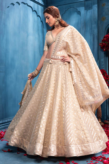 Cream Metallic Tissue Embroidered Lehanga