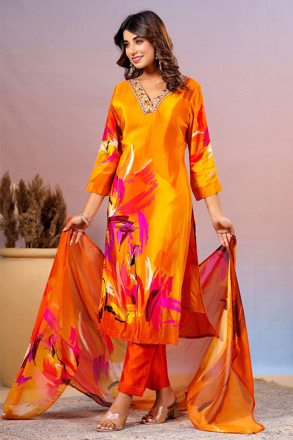 Orange Color Crepe Silk Printed Straight Suit