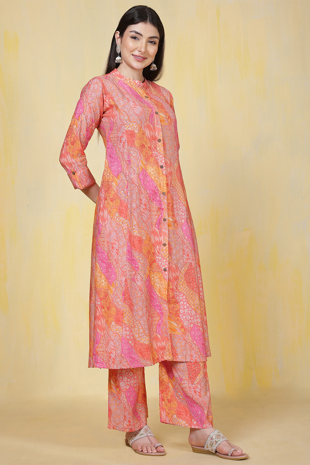 Orange Cotton Printed Long Kurta Set
