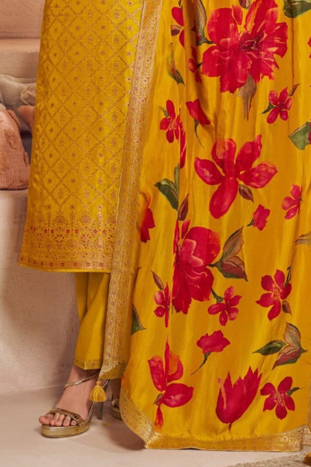 Mustard Zari Woven & Embroidered Silk Suit