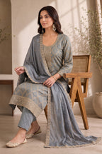 Grey Woven And Embroidered Silk Suit