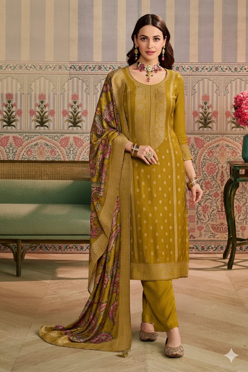 Mustard Color Pashmina Woven Unstitched Suit Material