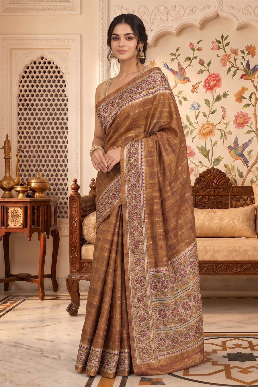 Brown Tussar Silk Printed And Zari Taar Woven Saree