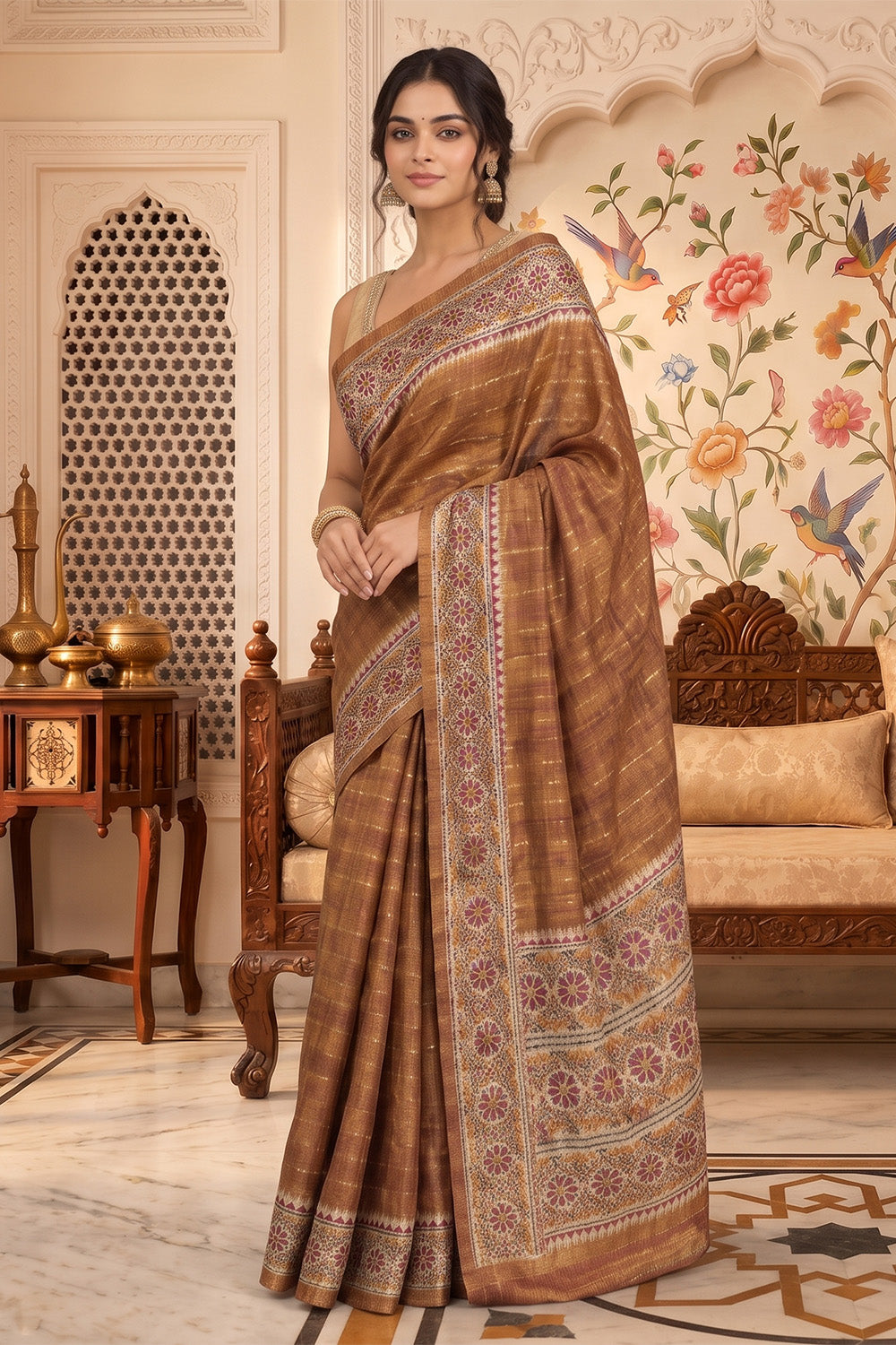 Brown Tussar Silk Printed And Zari Taar Woven Saree