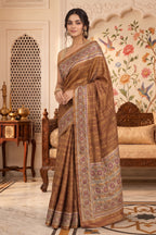 Brown Tussar Silk Printed And Zari Taar Woven Saree