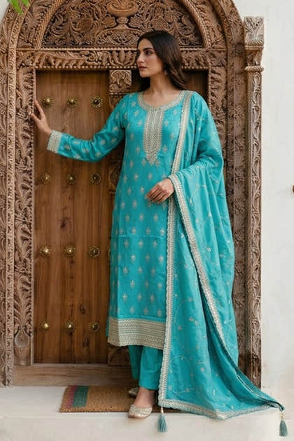 Dusty Teal Woven And Embroidered Silk Suit