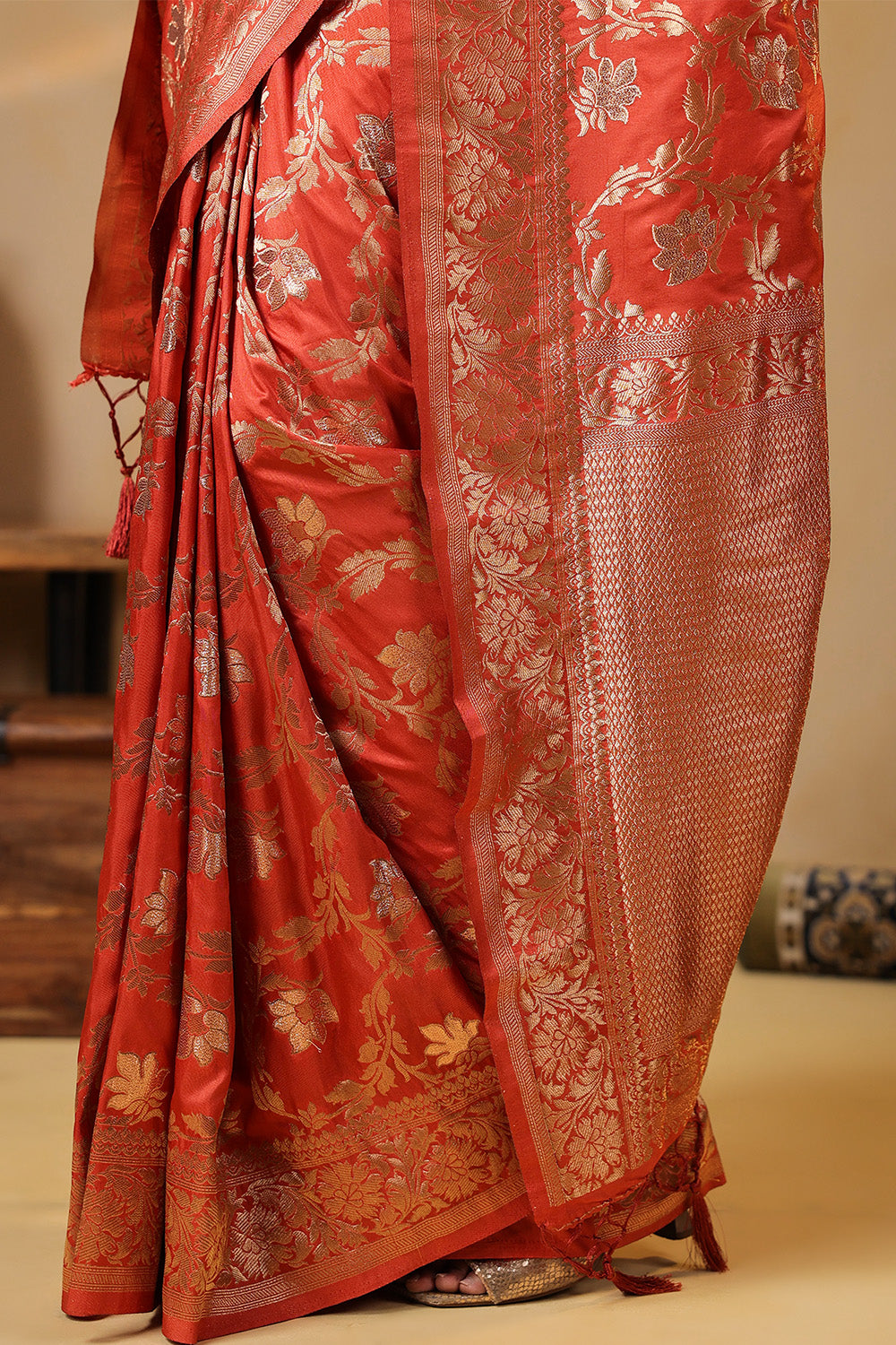 Dark Peach Zari Floral Woven Silk Saree