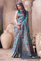 Teal Blue Position Print Woven Silk Saree