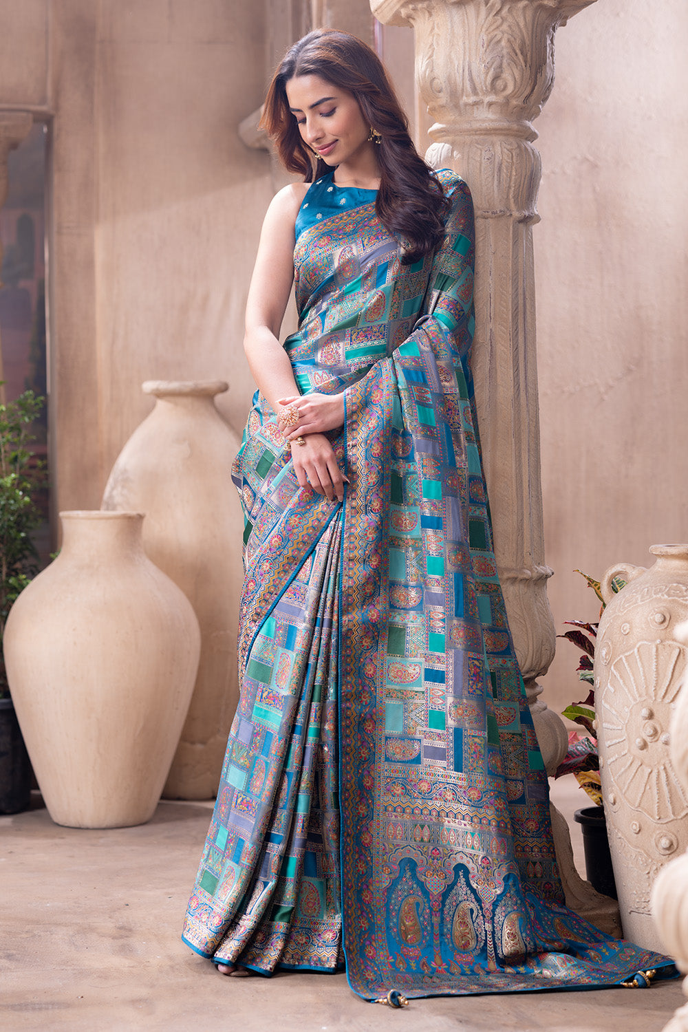 Teal Blue Position Print Woven Silk Saree