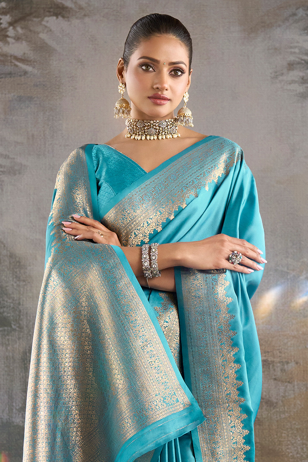 Pacific Blue Zari Woven Satin Silk Saree
