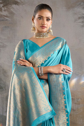 Pacific Blue Zari Woven Satin Silk Saree