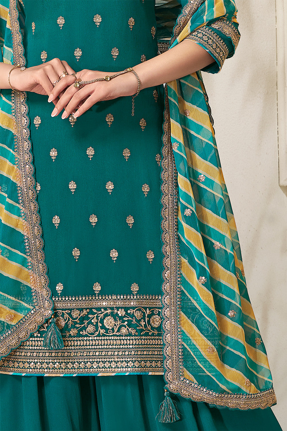 Teal Crepe Silk Embroidered Suit With Palazzo