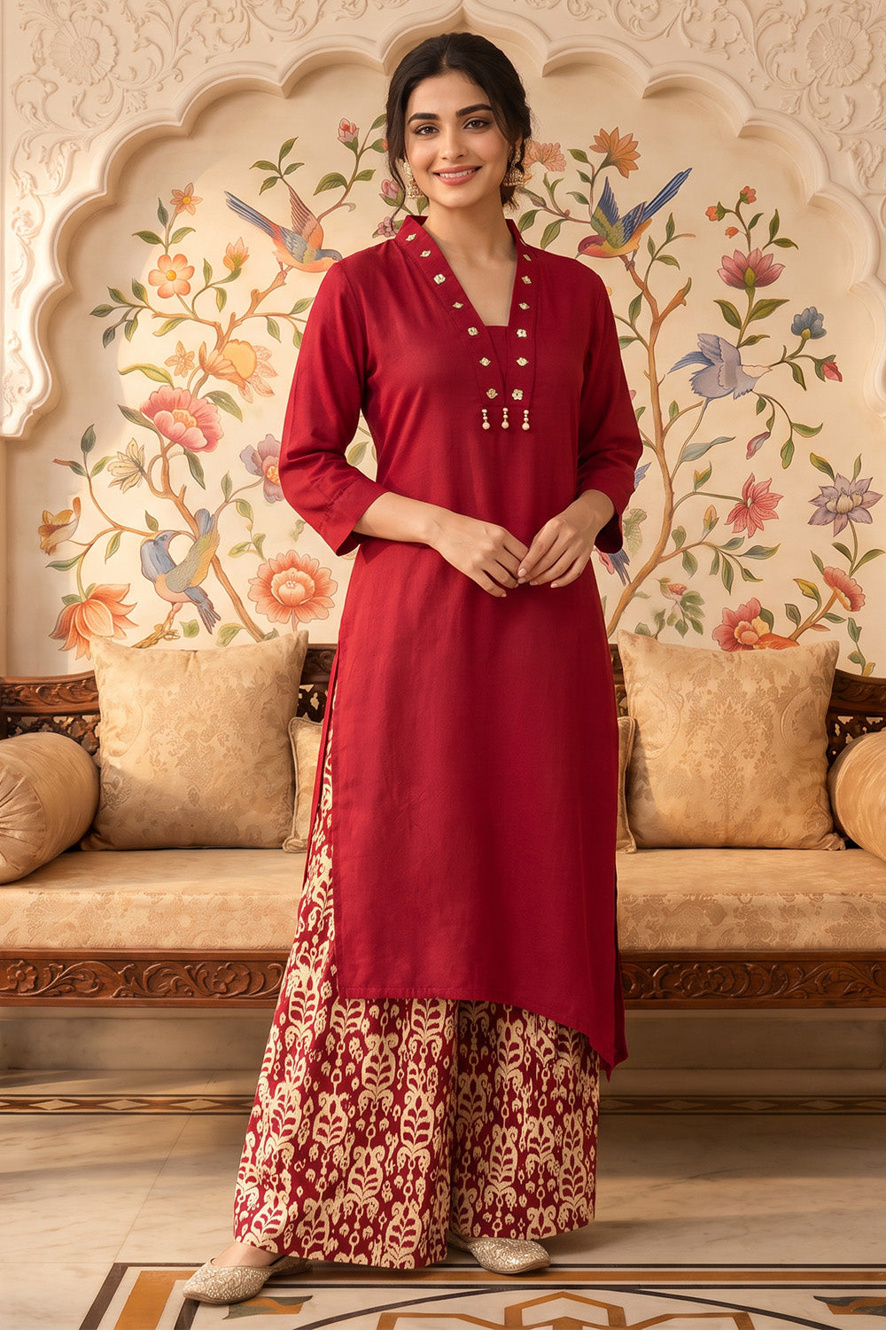 Maroon Rayon Cotton Kurta With Printed Palazzo