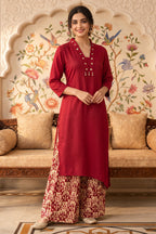 Maroon Rayon Cotton Kurta With Printed Palazzo