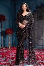 Black Cut-Dana And Sequins Embroidered Net Saree