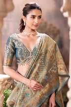 Turquoise Position Print Woven Silk Saree