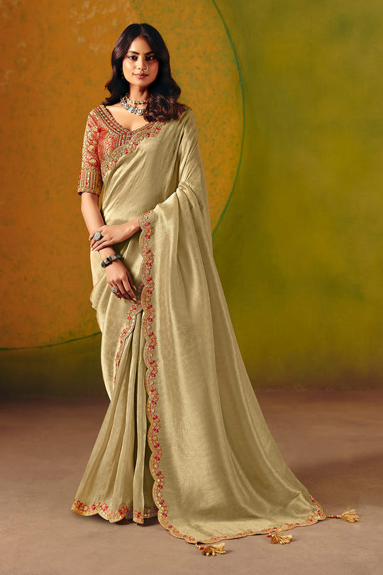 Beige Tissue Silk Border Embroidered Saree With Banarsi Woven Readymade Blouse