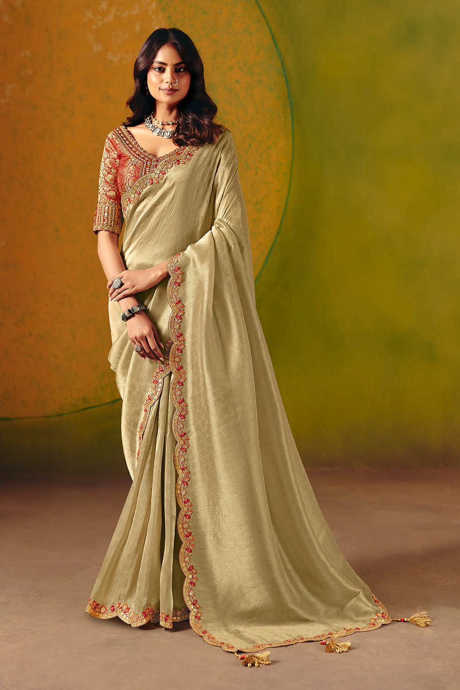 Beige Tissue Silk Border Embroidered Saree With Banarsi Woven Readymade Blouse