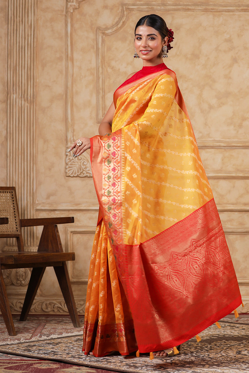 Mustard Color Organza Cotton Woven Saree