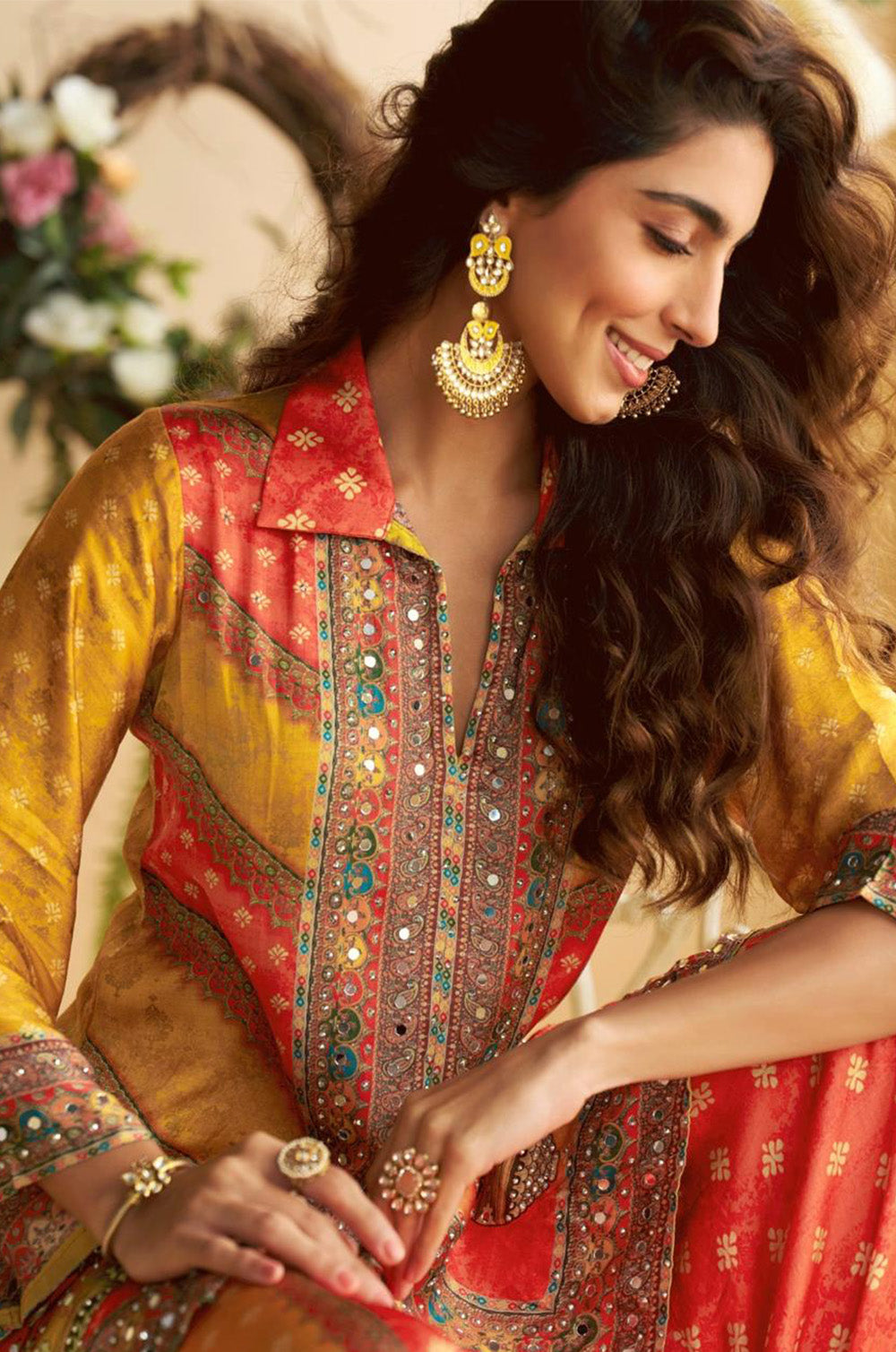 Orange & Yellow Printed Crepe Kurta Set With Palazzo