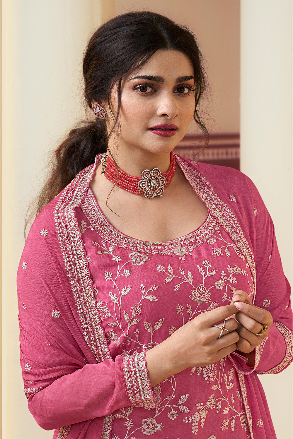 Dusty Pink Color Embroidered Georgette Unstitched Suit Material With Stitched Sharara