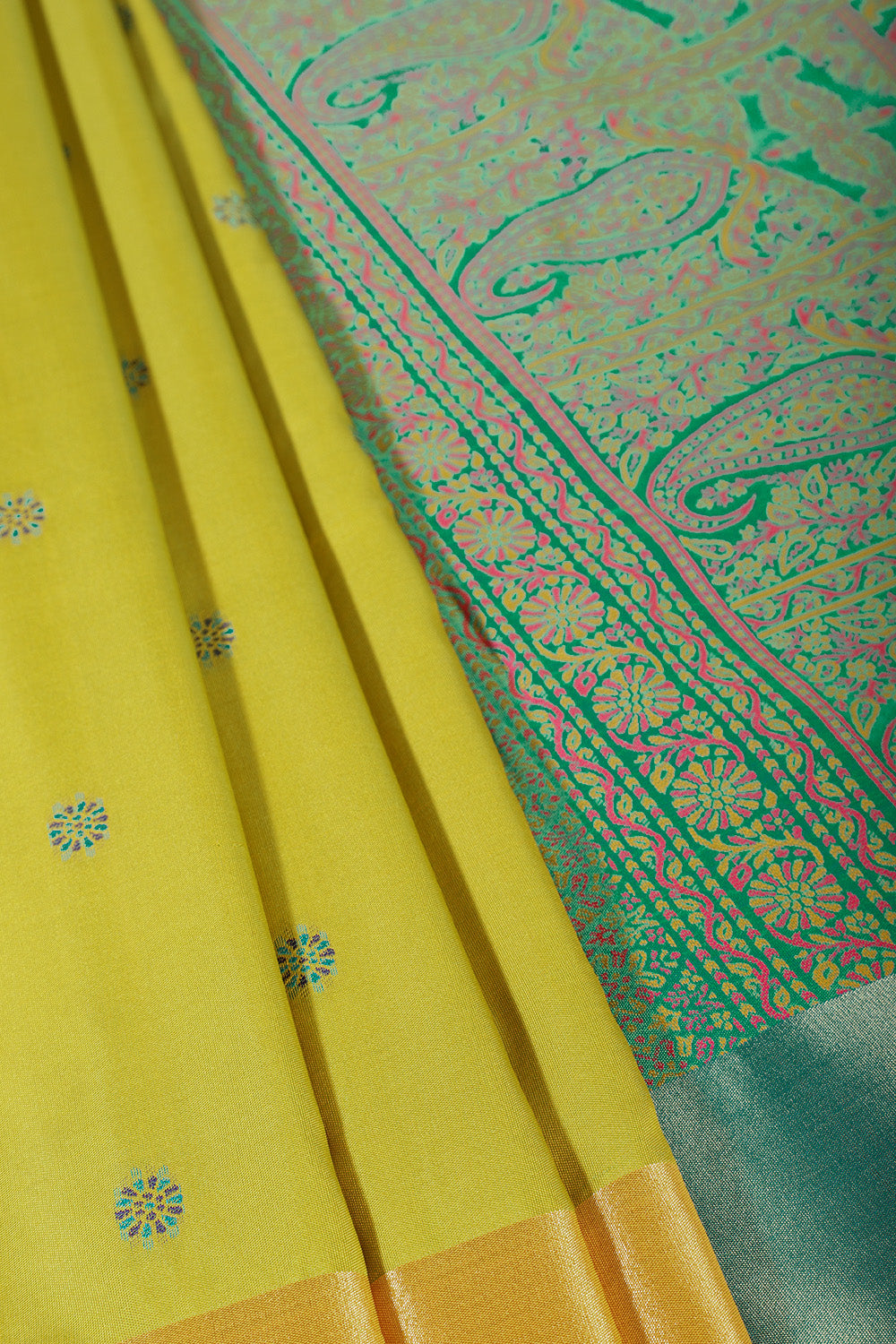 Lemon Yellow & Teal Green Silk Resham And Zari Woven Saree