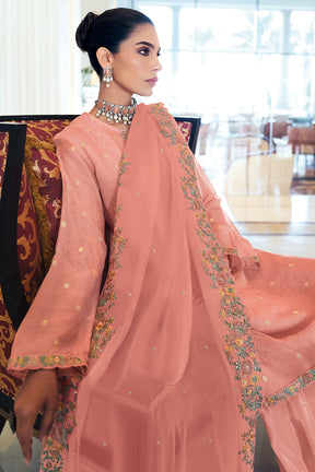 Pink Color Embroidered Organza Unstitched Suit Material