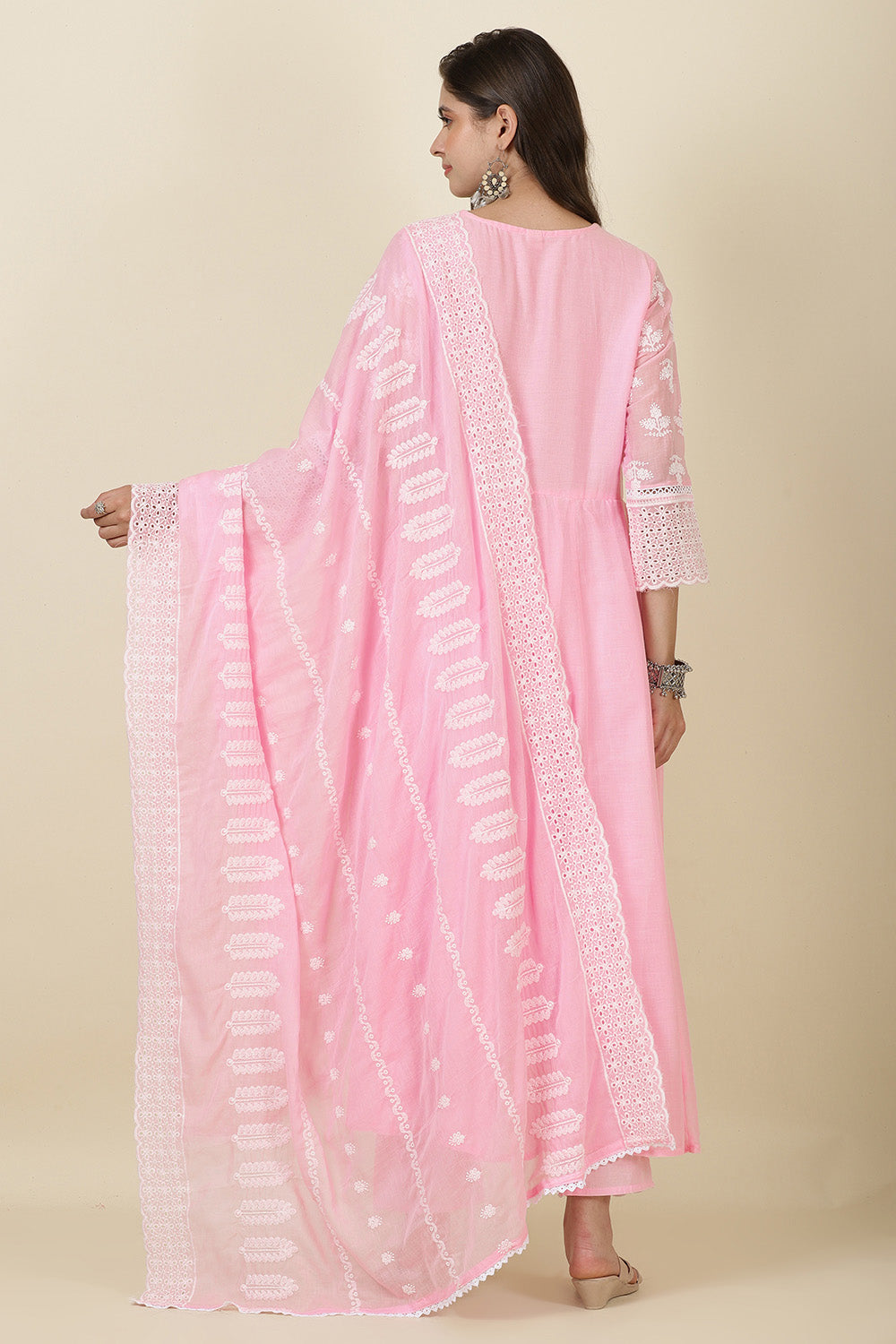 Pink Cotton Resham Embroidered and Lace Work Anarkali Suit