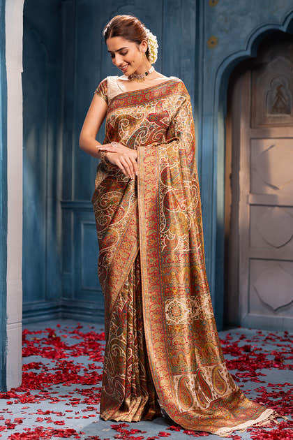 Beige Position Print Woven Silk Saree