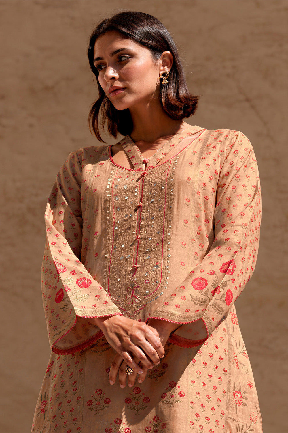 Beige Silk Embroidered And Floral Printed Unstitched Suit Fabric