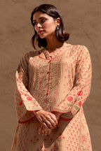 Beige Silk Embroidered And Floral Printed Unstitched Suit Fabric