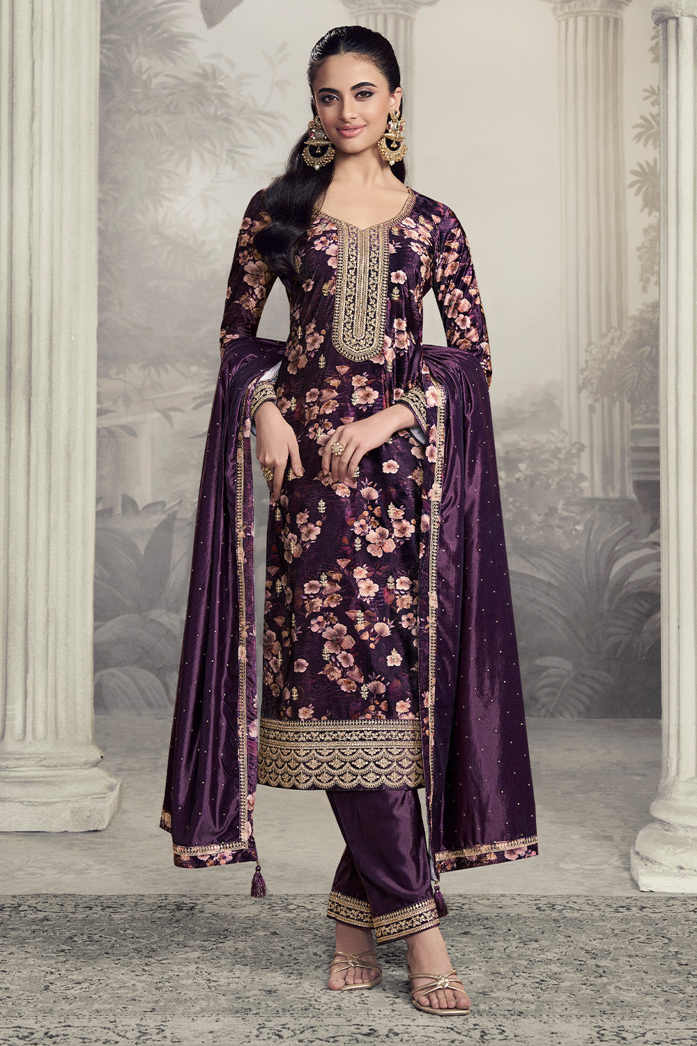 Violet Velvet Floral Printed And Embroidered Unstitched Suit Fabric