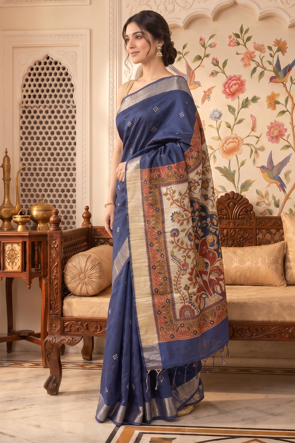 Navy Cotton Printed And Woven Border Saree