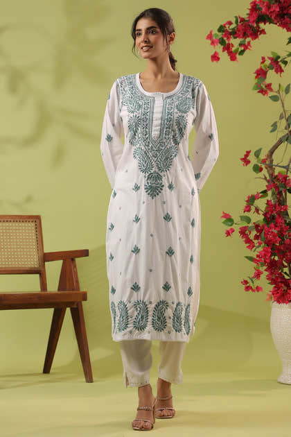 White Resham Embroidered Kurta