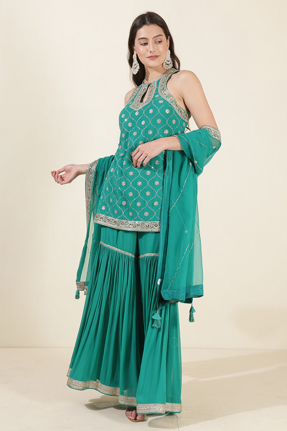 Teal Green Color Georgette Zari & Sequins Embroidered Suit With Gharara