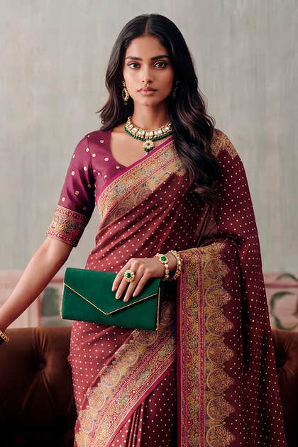 Maroon Soft Silk Kalamkari Woven Saree