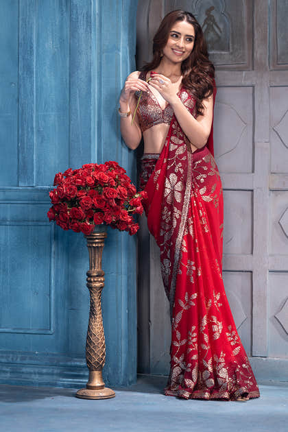 Red Pure Georgette Sequins Floral Embroidered Saree
