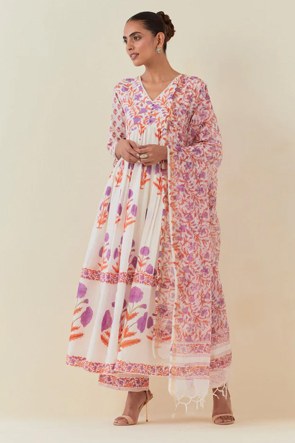 White Color Cotton Floral Printed Anarkali Suit with Palazzo,