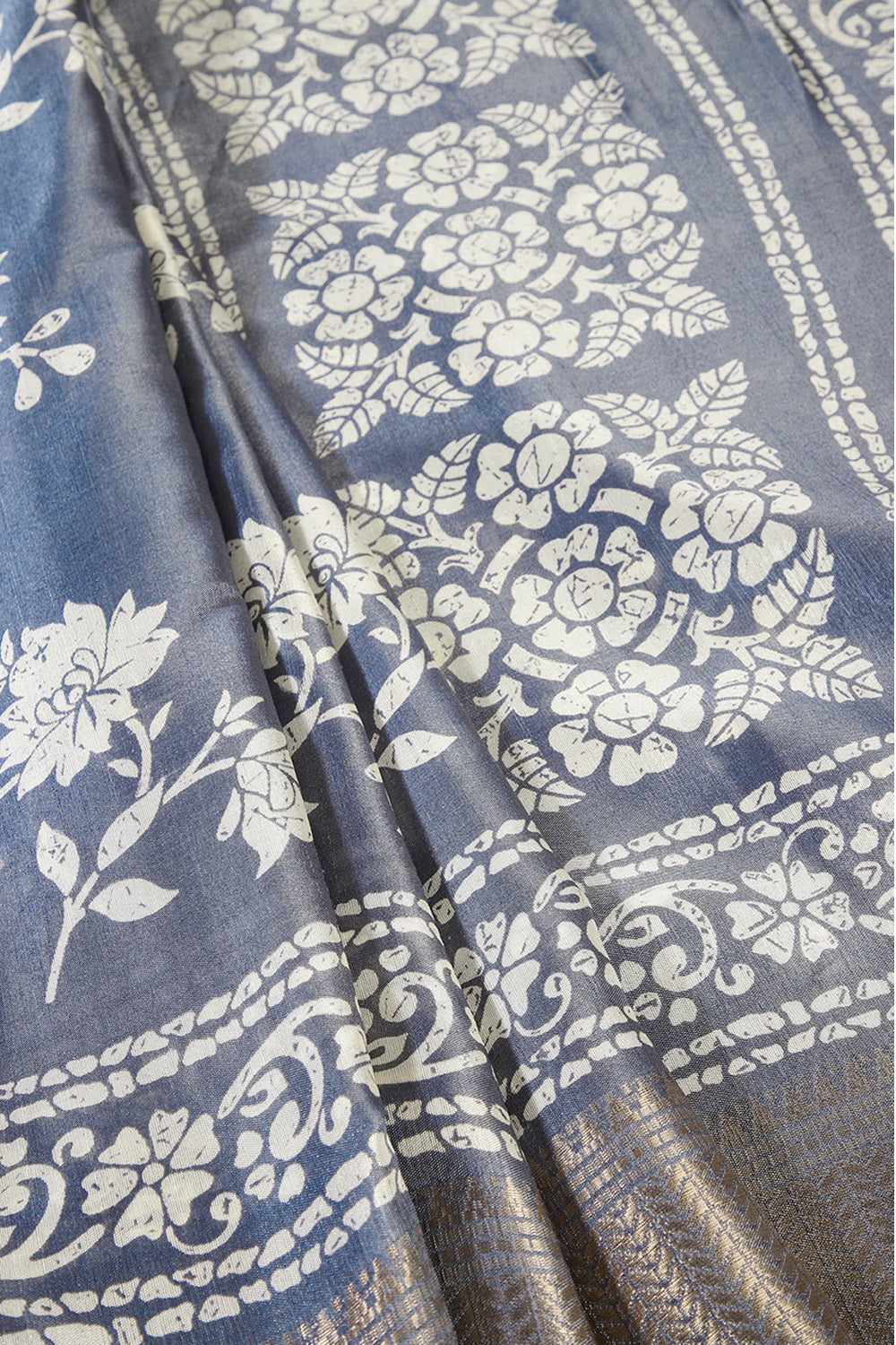 Light Blue Color Cotton Silk Block Printed Saree