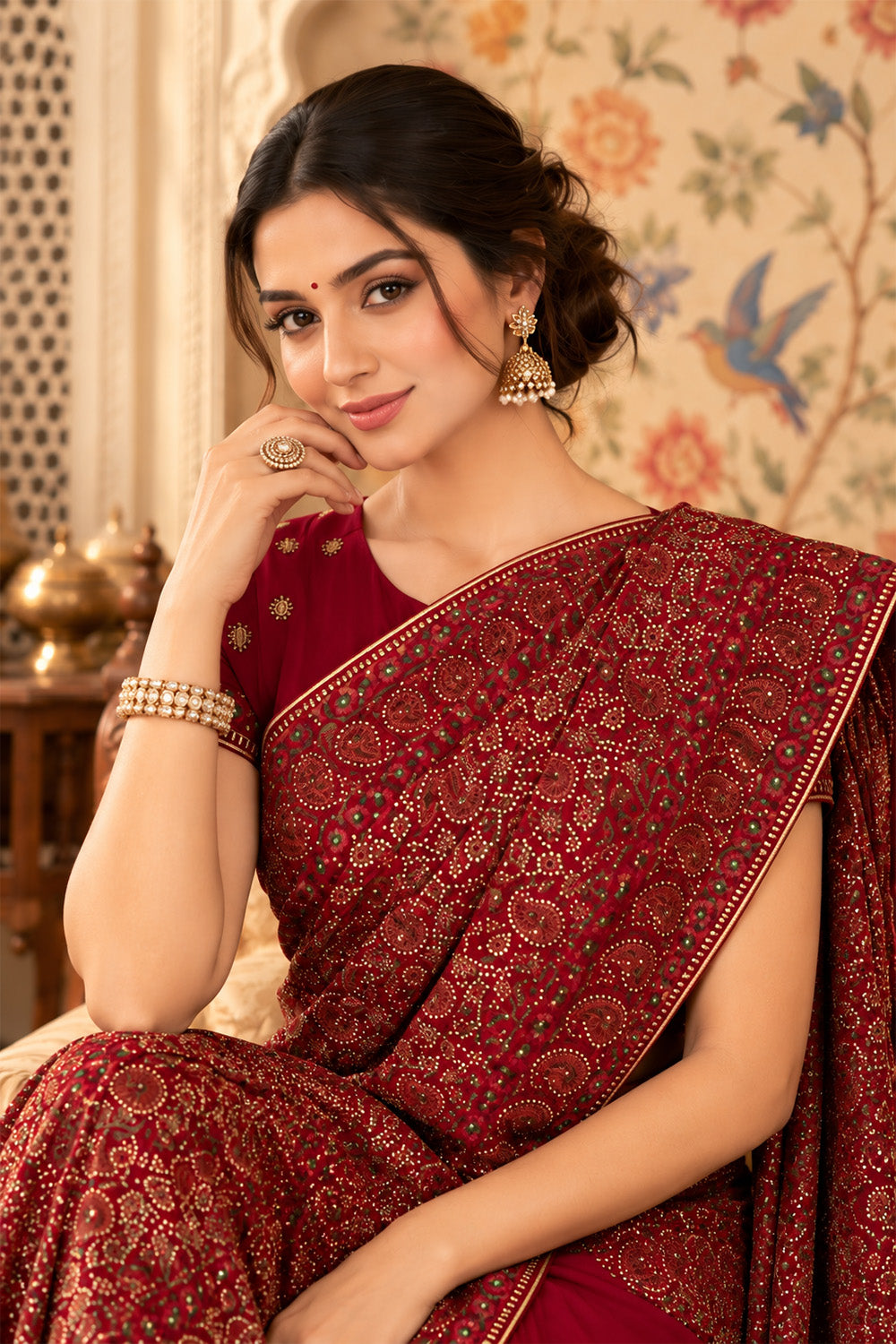 Maroon Heavy Embroidered Georgette Saree