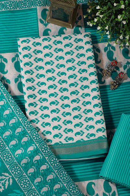 Cream & Teal Cotton Dabu Block Print Unstitched Suit Material