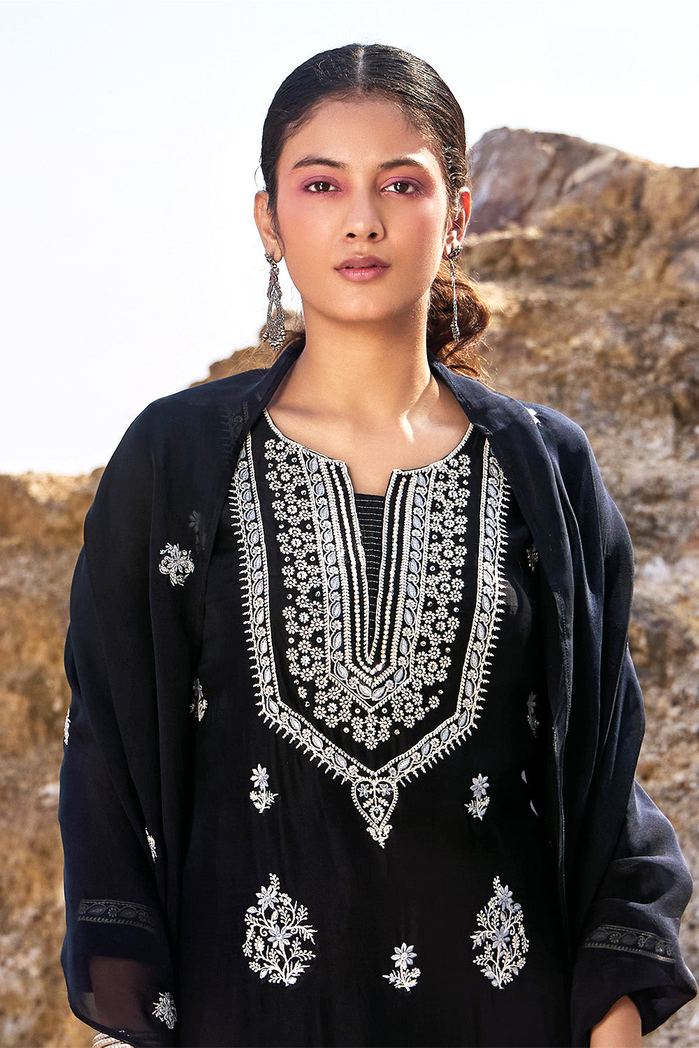 Black Color Organza Resham Embroidered Suit