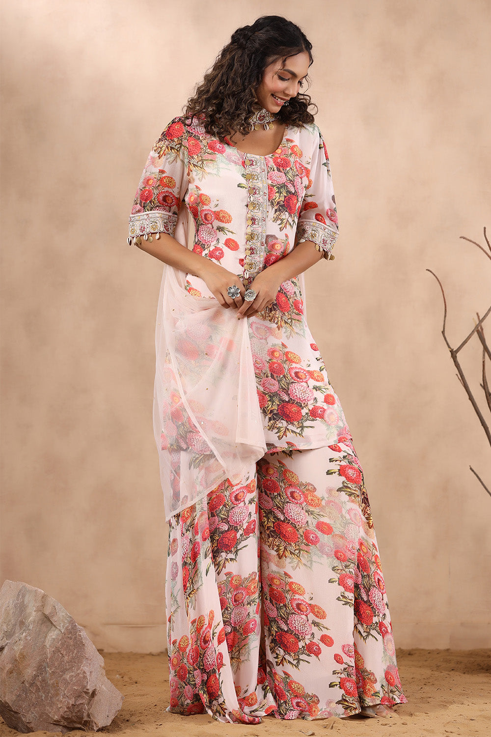 Rose Pink Color Floral Printed Suit With Palazzo