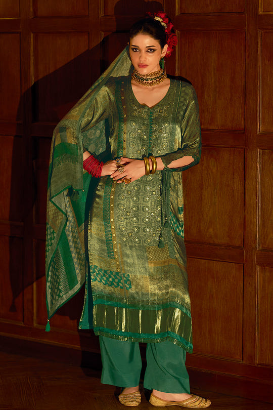 Green Spun Printed Unstitched Suit Material