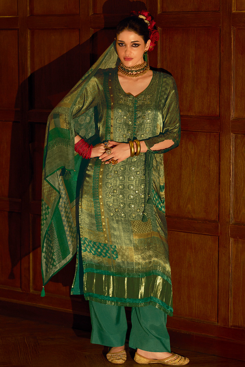 Green Spun Printed Unstitched Suit Material