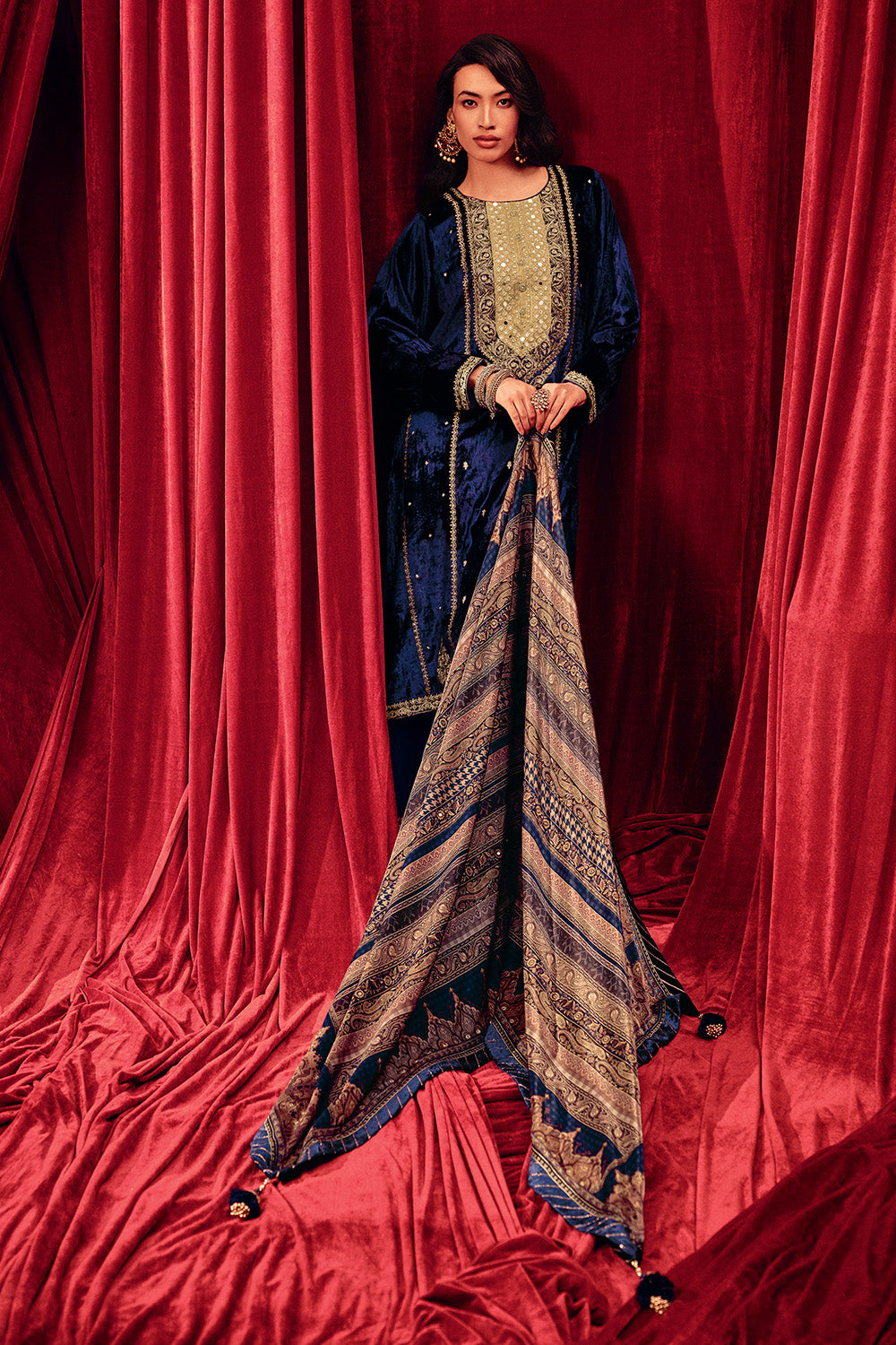 Navy Color Zari Embroidered Velvet Unstitched Suit Fabric