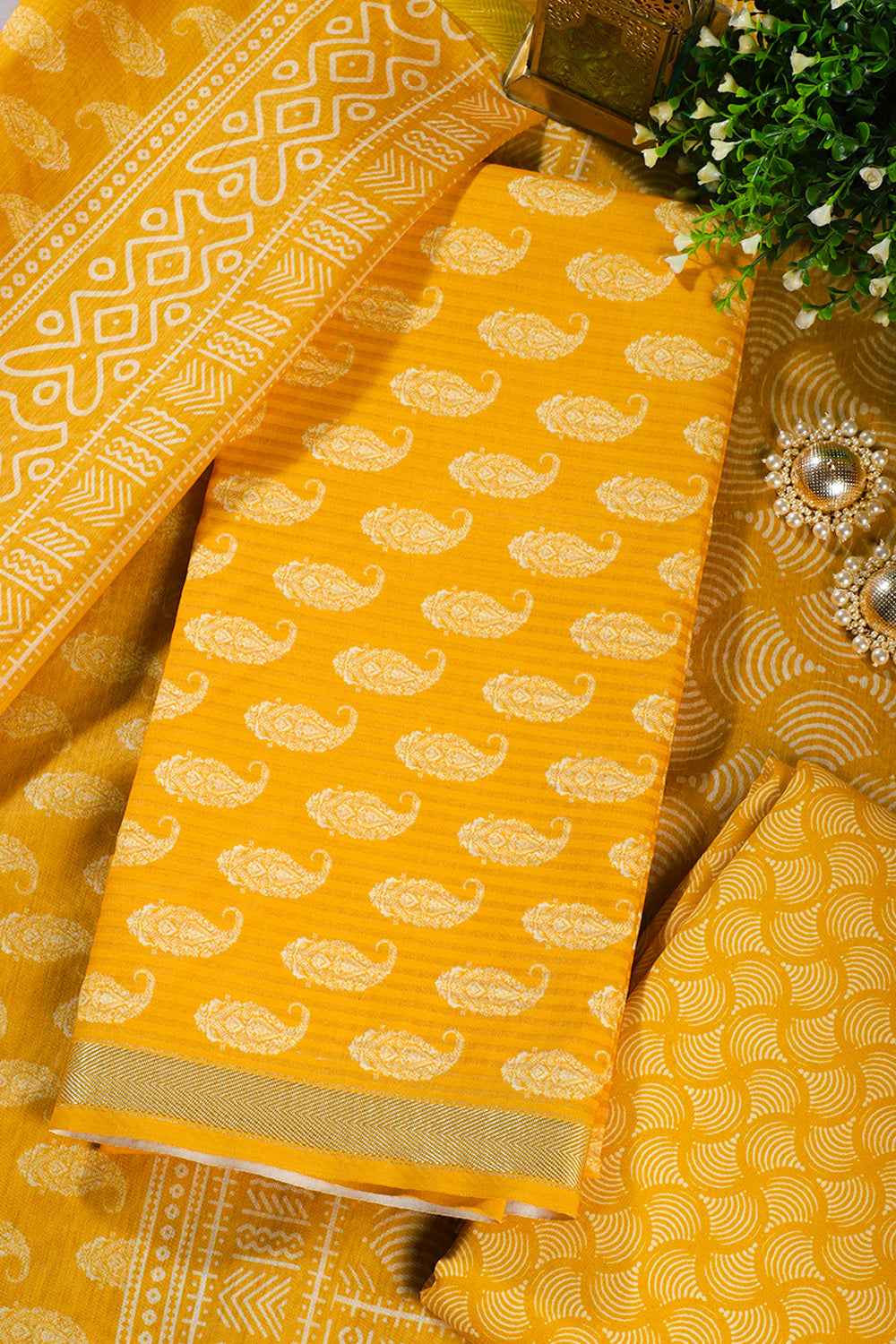 Mustard Cotton Boota Block Print Unstitched Suit Fabric