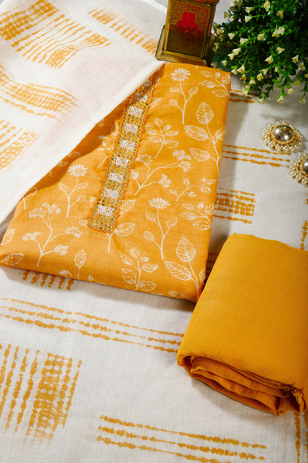 Pale Mustard Color Linen Cotton Floral Printed And Neck-Embroidered Unstitched Suit