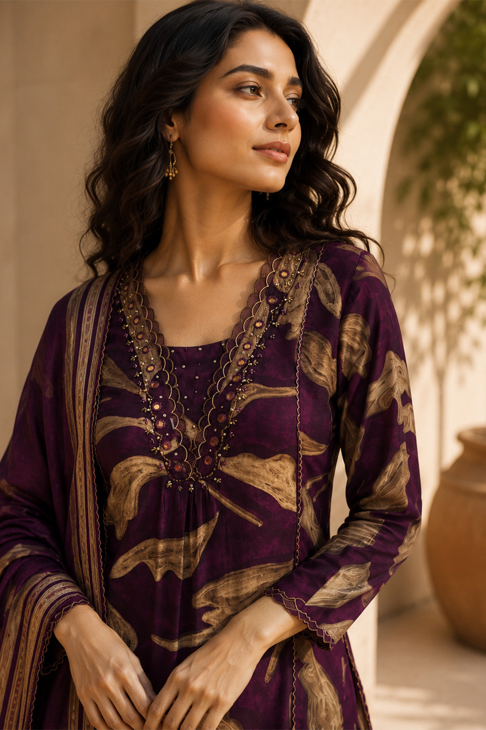Wine Muslin Printed Straight Suit Set